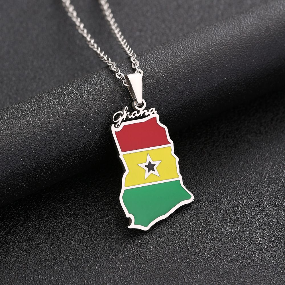 Stainless steel Ghanaian flag pendant necklace, geometric ethnic style accessory for men and women