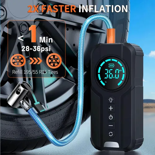 6000A Jump Starter with Air Compressor, 150PSI Battery Jumper Starter Portable for 6.0L Gas and 3.0L Diesel, 12V Car Jump Starter with Jumper Cable 3 Modes Flashlight and EVA Bag