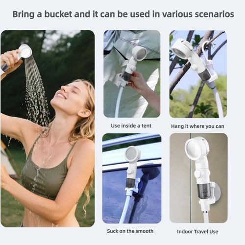 Portable Camping Shower Pump – USB Rechargeable Outdoor Shower with 2 Spray Modes, Waterproof Electric Shower Head, Pumps Water from Bucket for Camping, Hiking, Travel, Car Washing & Pet Cleaning
