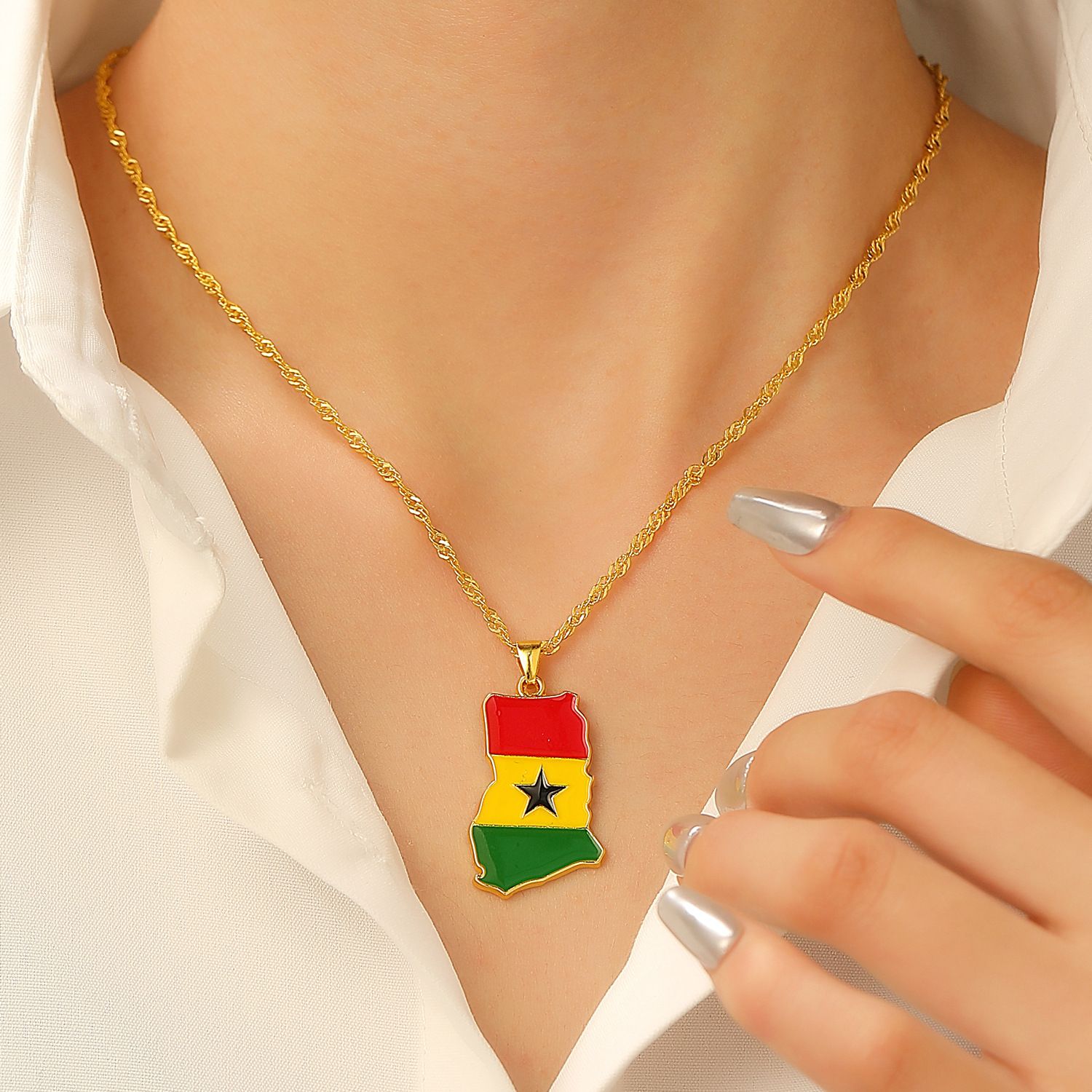 Stainless steel Ghanaian flag pendant necklace, geometric ethnic style accessory for men and women
