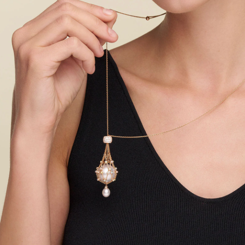 Stainless Steel Plated 18K Gold Diamond Pearl Net Pendant Necklace Female Collarbone Chain Female