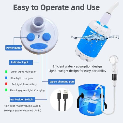 Portable Camping Shower Pump – USB Rechargeable Outdoor Shower with 2 Spray Modes, Waterproof Electric Shower Head, Pumps Water from Bucket for Camping, Hiking, Travel, Car Washing & Pet Cleaning