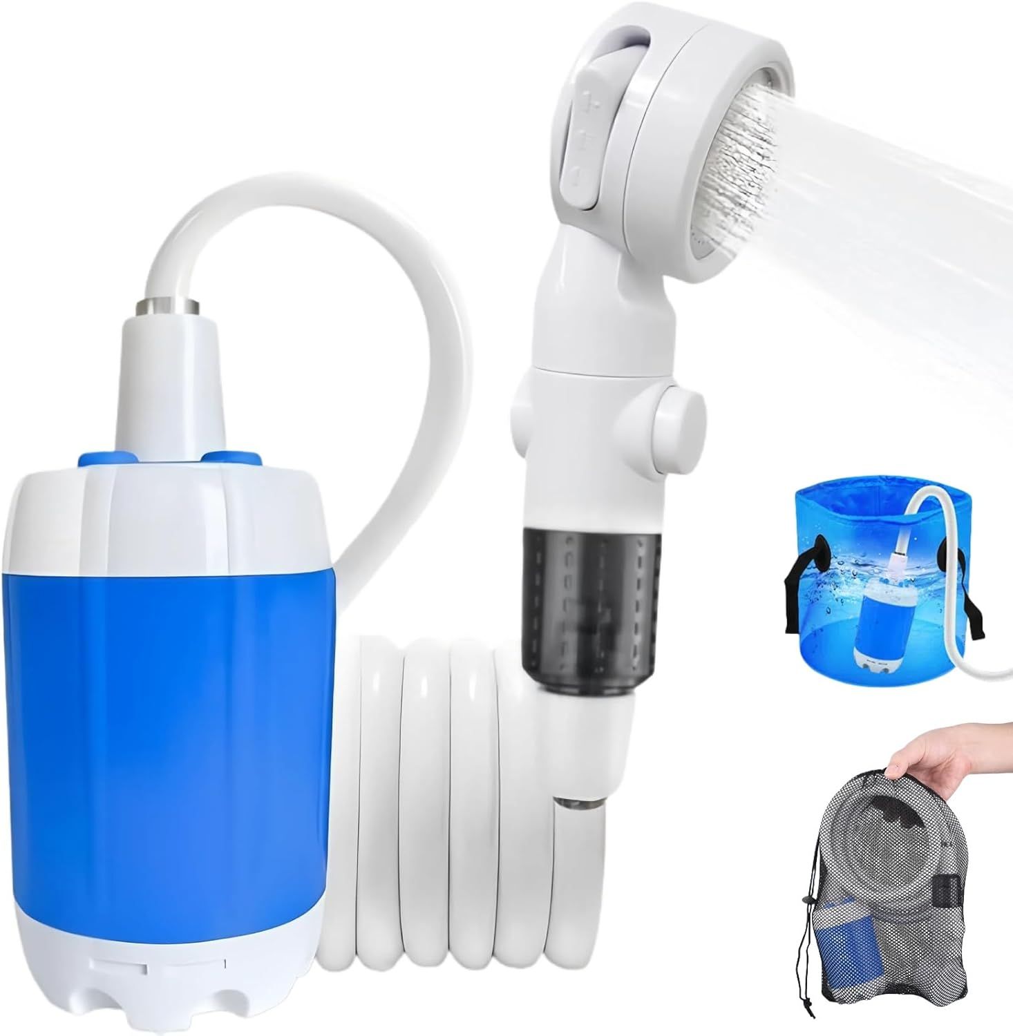 Portable Camping Shower Pump – USB Rechargeable Outdoor Shower with 2 Spray Modes, Waterproof Electric Shower Head, Pumps Water from Bucket for Camping, Hiking, Travel, Car Washing & Pet Cleaning