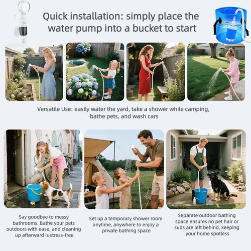Portable Camping Shower Pump – USB Rechargeable Outdoor Shower with 2 Spray Modes, Waterproof Electric Shower Head, Pumps Water from Bucket for Camping, Hiking, Travel, Car Washing & Pet Cleaning