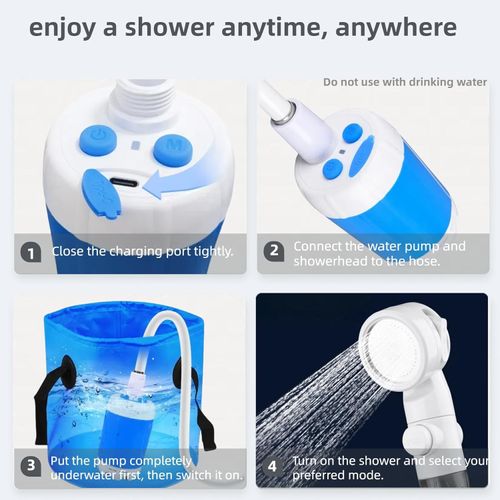 Portable Camping Shower Pump – USB Rechargeable Outdoor Shower with 2 Spray Modes, Waterproof Electric Shower Head, Pumps Water from Bucket for Camping, Hiking, Travel, Car Washing & Pet Cleaning