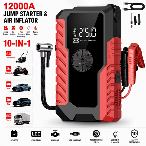 10IN1 Portable Car Battery Jump Starter With Tire Inflator 12V Fast Start