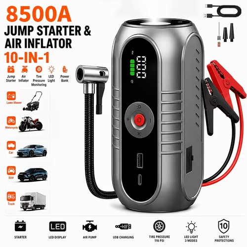 10IN1 Portable Car Battery Jump Starter With Tire Inflator 12V Fast Start