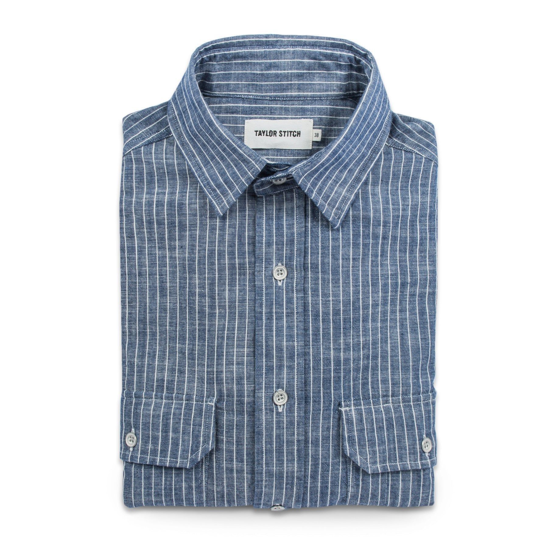 Rnoeu Chore Shirt in Indigo Striped Chambray