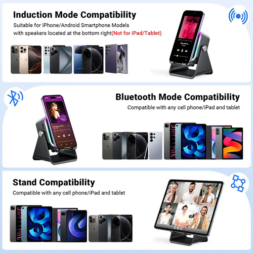 Wireless Induction Audio Speaker Stand, 5-in-1 Phone Stand, 1500mAh Rechargeable Emergency Power , 360° Adjustable Phone