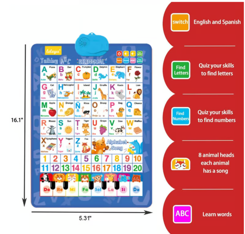 🚀Talking Wall Chart for Kids – English & Spanish Learning Poster with Songs, ABCs, Numbers, Animal words & Piano