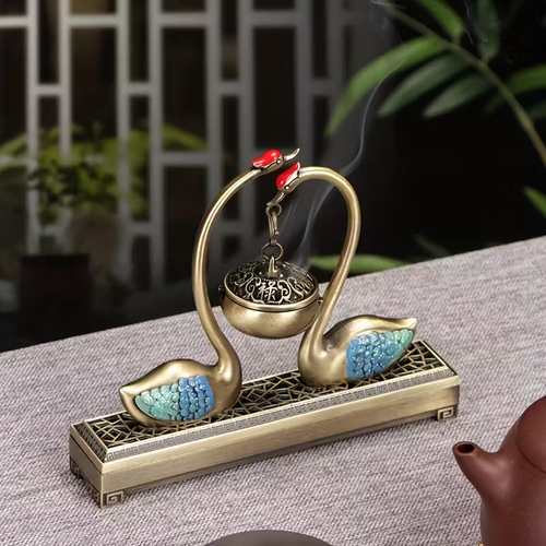 炉Dual-Use Metal 1pc Swan Lake Incense Burner - Unscented Home Decor Ornament