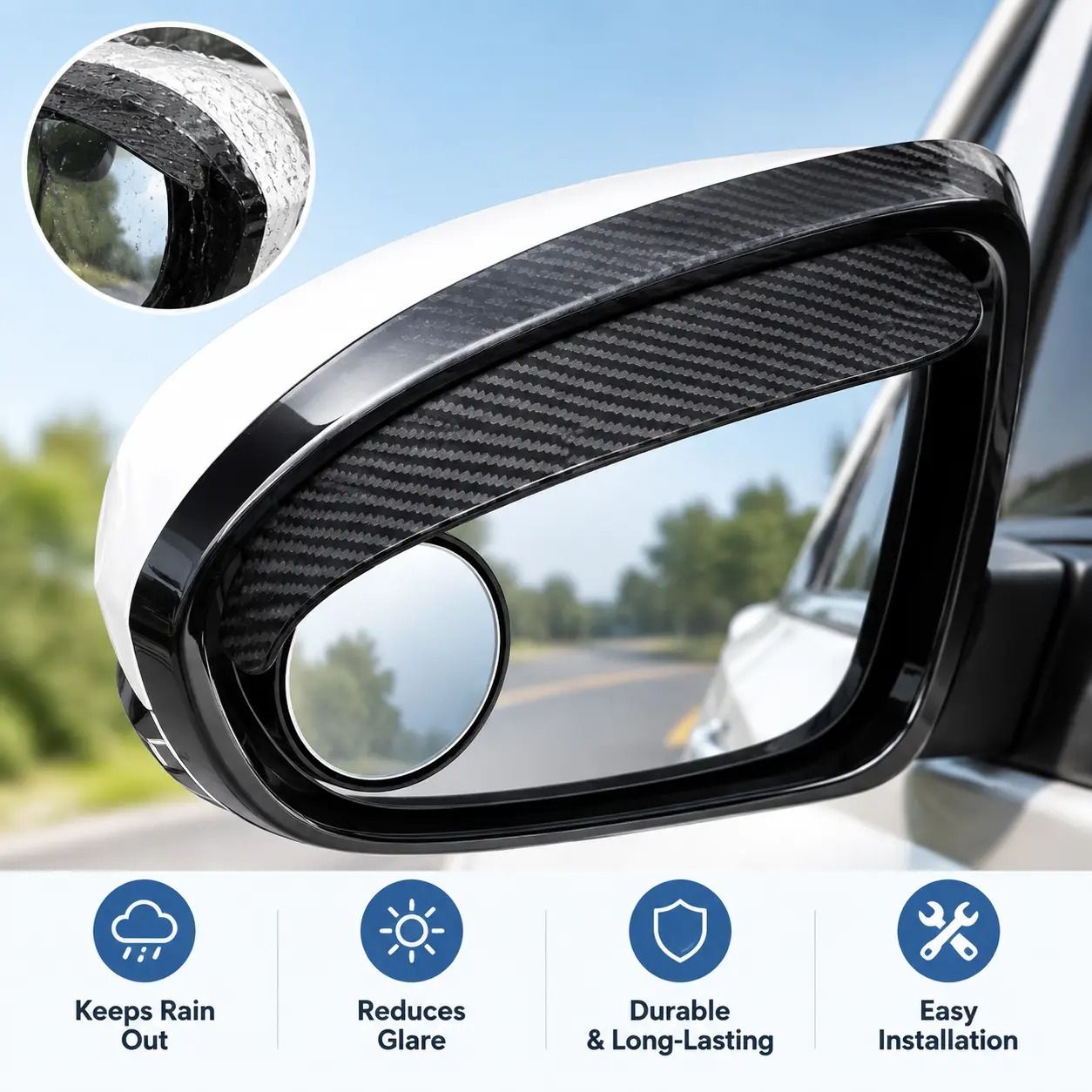 2 Counts, Car Rearview Mirror Rain Visor with 360° Adjustable Blind Spot Round Mirror, Block Rainwater to Keep Side Mirror Clear in Daily Car Driving