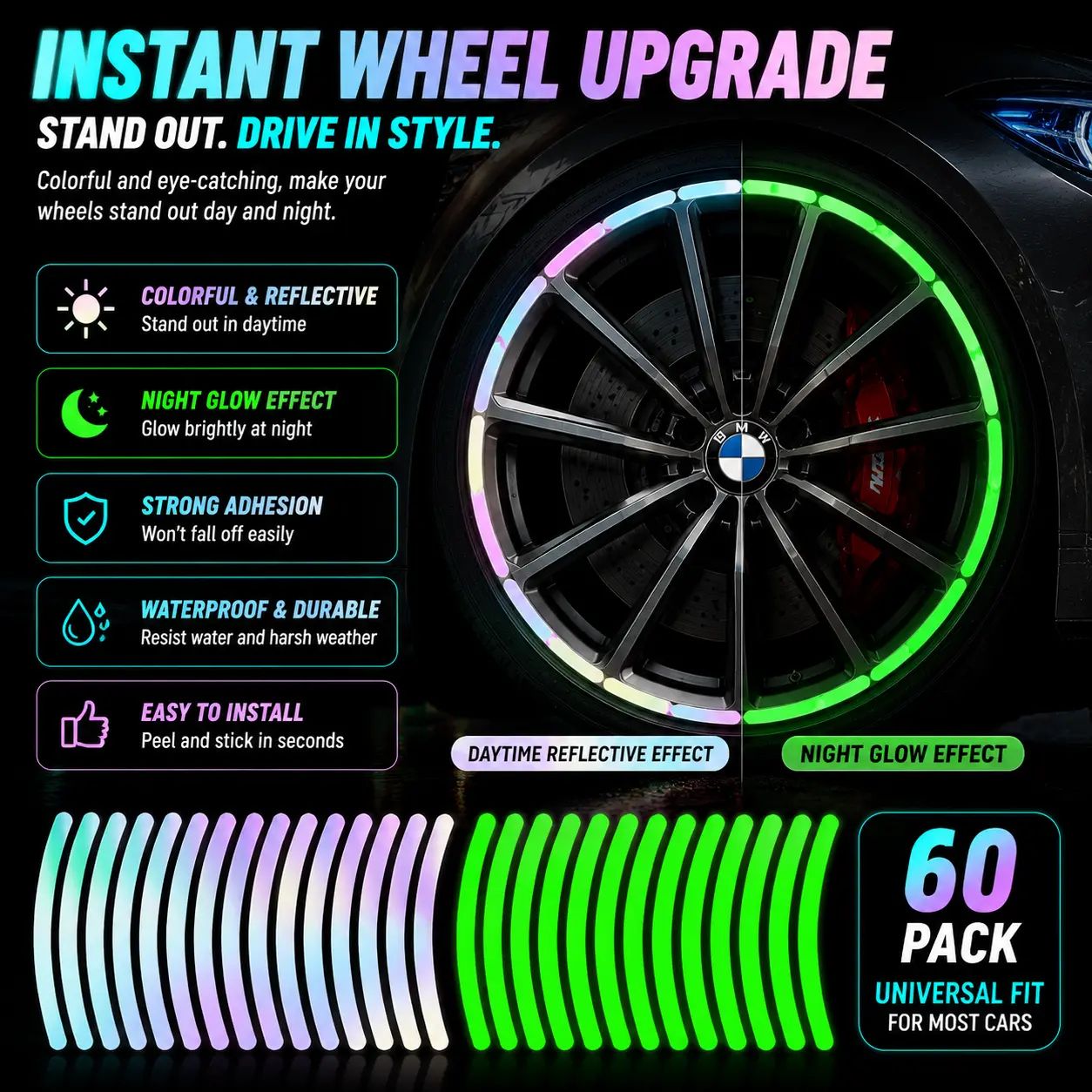 Glow in The Dark Wheel Rim Stickers – Reflective Car Wheel Decals, Waterproof & Easy to Install, Universal Fit for Most Cars, Top‑Choice for Car DIY Decoration