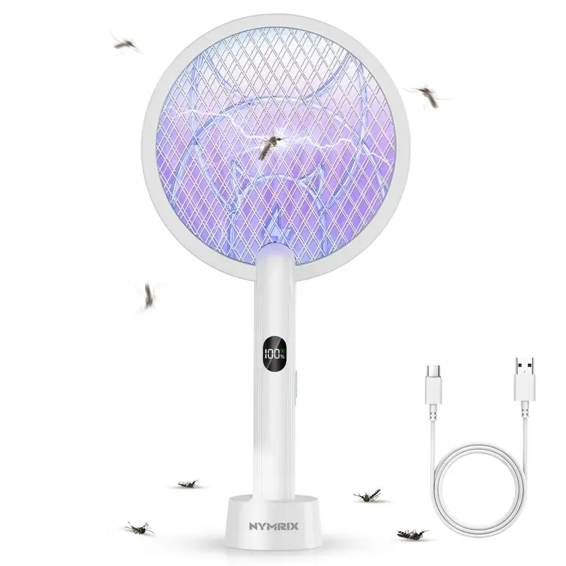 Electric Fly Swatter Bug Zapper - 4100V USB Rechargeable Racket with 1800mAh Battery, Purple Light, Safe Indoor Household Pest Control Tool for Zapping Bugs with Zapper, Mosquito Control Flies, Camping Gear, College Dorm Essentials, Fly Zapper Mosquitoes