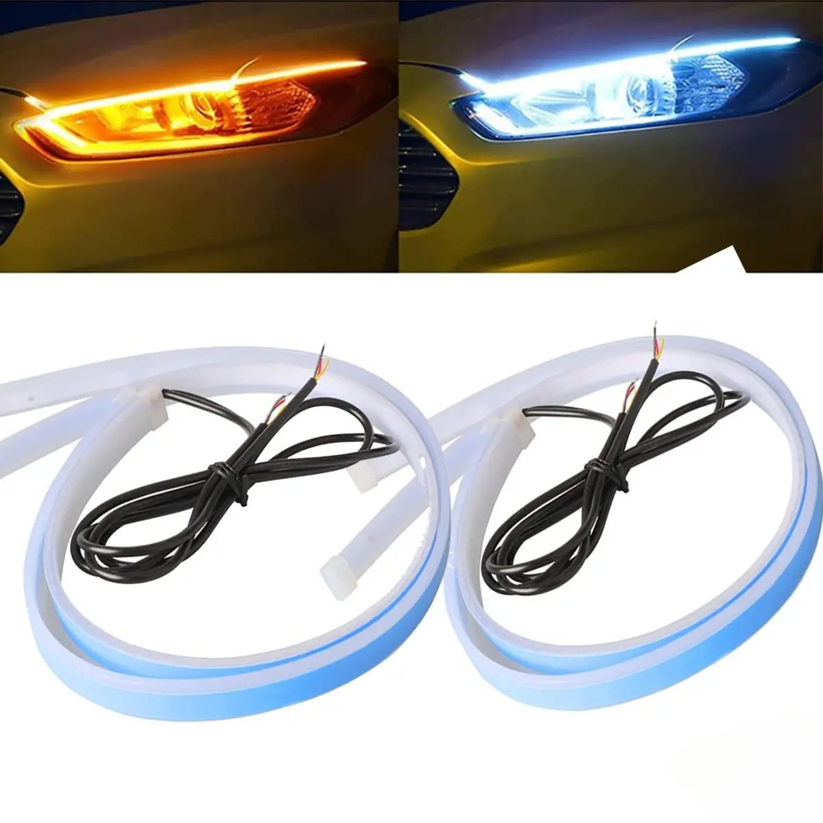 2Pcs Car LED Strip Lights,24Inch Flexible LED Headlight Strips Dual‑Color, White Daytime Running Light & Yellow Turn Signal, Waterproof, Easy Installation, Fit for Most Vehicles, for Truck SUV