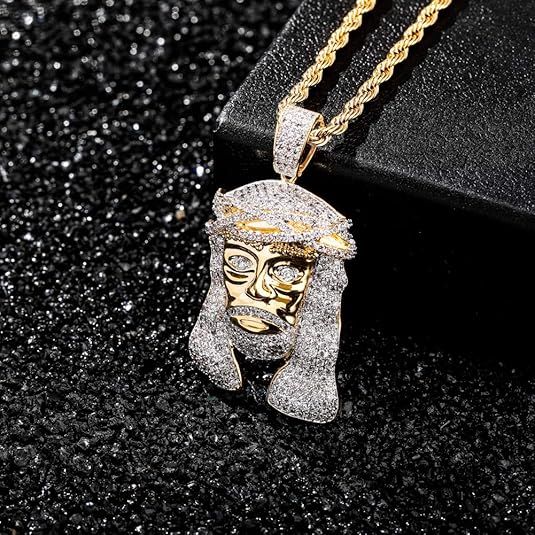 Jesus Pendant Necklace Rope Gold Chain for Men Iced out 14K Gold Plated Simulated Diamond Chain Stainless Steel Chain 24 inch