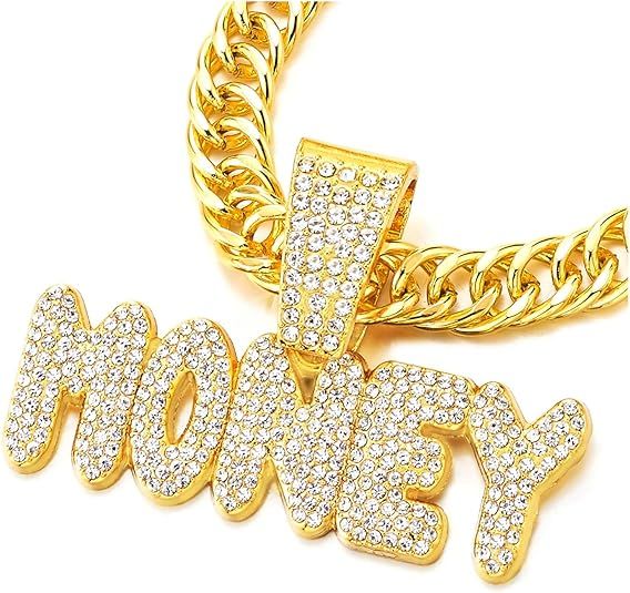 MONEY Ice Crystal Pendant Pave Rhinestone Mens Womens Necklace Gold, Shining Rapper Jewelry