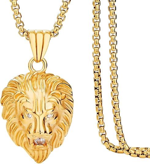 Men's Necklace Lion Pendant Necklace, Large, Silver Plated Stainless Steel, 3 Sparkling CZ Diamonds