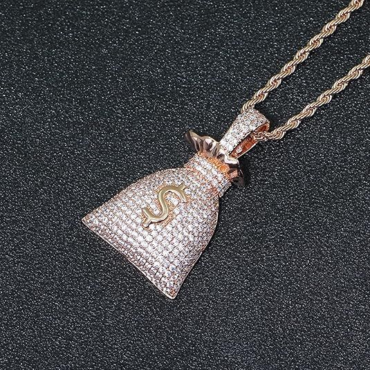 Jewelry Hip Hop Money Bag CZ Cluster Pendant Icy Crystal Sparkling Cubic Zirconia 18K Gold Plated Diamond Necklace with Stainless Steel Rope Chain