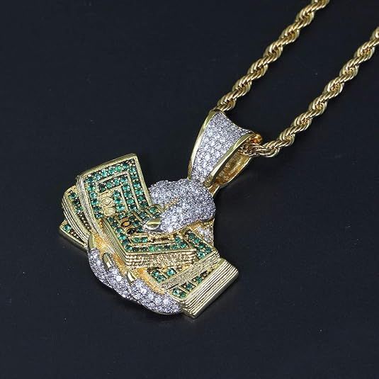 Hand Holding Dollar Pendant Necklace 18K Gold Plated Bling CZ Simulated Diamond Hip Hop Rap Bracelet Necklace Unisex