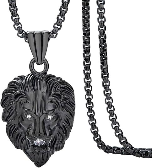 Men's Necklace Lion Pendant Necklace, Large, Silver Plated Stainless Steel, 3 Sparkling CZ Diamonds