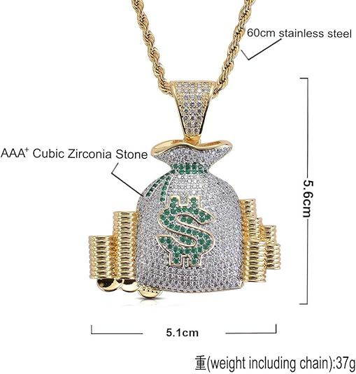 Jewelry Men's Hip Hop Money Bag CZ Cluster Pendant Icy Crystal Sparkling Cubic Zirconia 18K Gold Plated Diamond Necklace with Stainless Steel Rope Chain