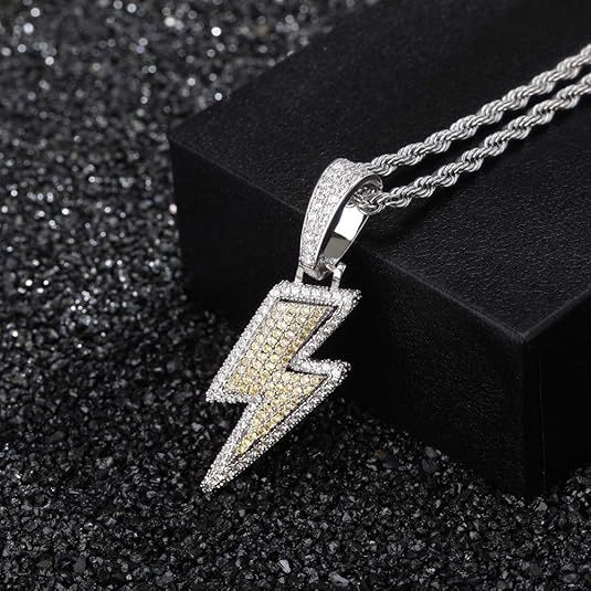 Hip Hop Lightning Bolt Design Pendant 18k Gold Plated Iced Out Cubic Zirconia Pendant Necklace with Micropave Simulated Diamond for Men Women