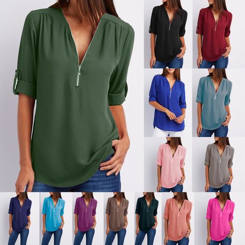 Plus Size Loose Fit Three Quarter Sleeve Zip Up Shirt