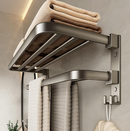 Fold-out wall-mounted towel rail with hooks
