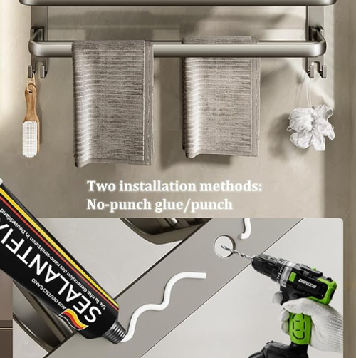 Fold-out wall-mounted towel rail with hooks