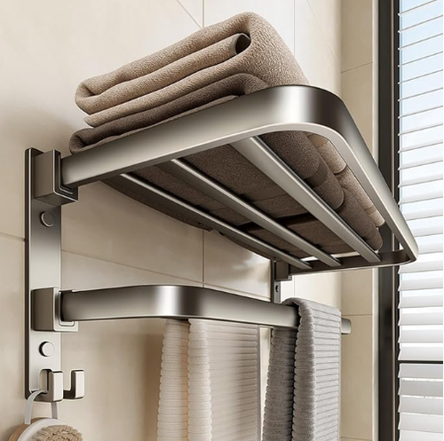 Fold-out wall-mounted towel rail with hooks