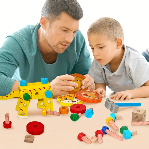 EDUTREE Wooden Animal Assembly Toolbox - Colorful Puzzle Toy for Youngsters, Enhances Creativity & Motor Skills, Ideal Birthday or Holiday Gift for Boys and Girls, Educational Playset|Playful Design|Durable Construction, Youngsters' Toy Box