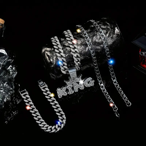 💎Diamond Punk Hip Hop Crown Letter KING Pendant Cuban Chain Necklace Bracelet (3 Pcs)
