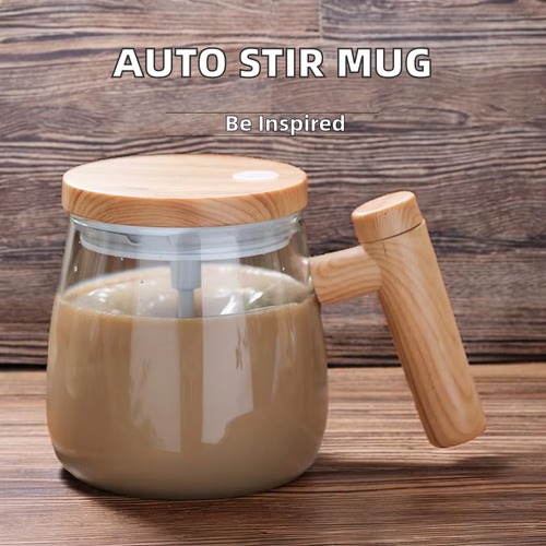 Capacity Scale 400ml Automatic Portable Electric Coffee Tea Milk Cocoa Mixer Cup Magnetic Self Wooden Design Glass Stirring Mug