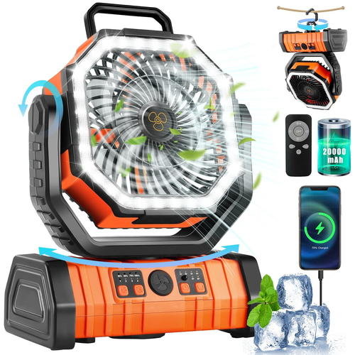 Portable rechargeable fan (with USB port, LED light and power bank)