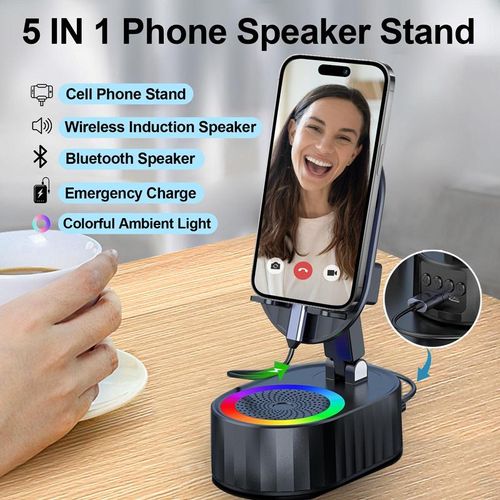 AKLLCCR Wireless Induction Audio Bluetooth Speaker 5in1 Cellphone Holder Emergency Charging (3000mAh) Usb Portable Power Smartphone Tablet Stand with Colorful Ambient Light Springtok Gift