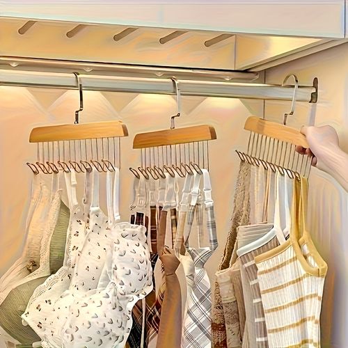 Upgrade 8 Hooks 1 Set 24 Hooks 3 Piece Set Space-saving Wooden Bra Hooks with 8 Swivel 360° Hooks - Suitable for bras, vests, suspenders and other solid wood materials, 8 Hooks for lingerie, vests, tie and belts - Perfect for dormitories and apartments