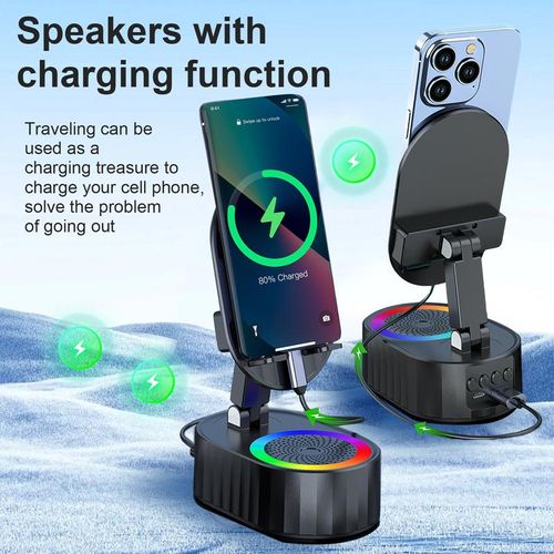 AKLLCCR Wireless Induction Audio Bluetooth Speaker 5in1 Cellphone Holder Emergency Charging (3000mAh) Usb Portable Power Smartphone Tablet Stand with Colorful Ambient Light Springtok Gift
