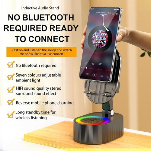 AKLLCCR Wireless Induction Audio Bluetooth Speaker 5in1 Cellphone Holder Emergency Charging (3000mAh) Usb Portable Power Smartphone Tablet Stand with Colorful Ambient Light Springtok Gift