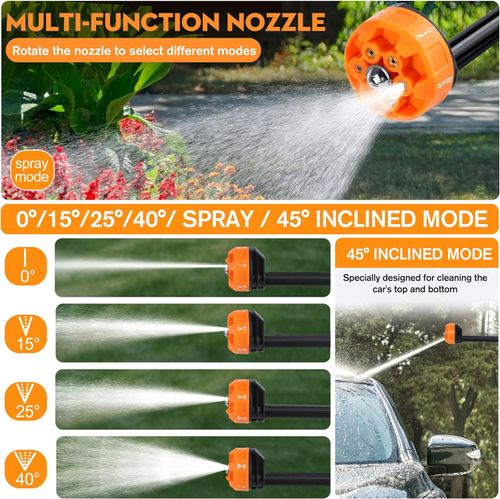 This car washing gun has both self-priming and bucket-filling functions. Even when connected to a bucket of water, it can achieve a professional-level cleaning effect. It's really great! With its long battery life, you can wash your car continuously without interruption, easily getting rid of stains.