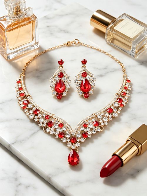 Red Teardrop Crystal Bridal Jewelry Set - Wedding Necklace & Earrings