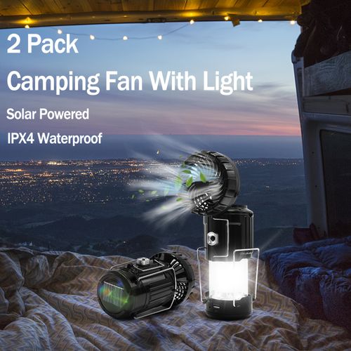 2 in 1 Foldable Solar Camping Fan, IPX4 Waterproof Hanging Fan with LED Lantern for Outdoor Camping Garden Fishing Emergency