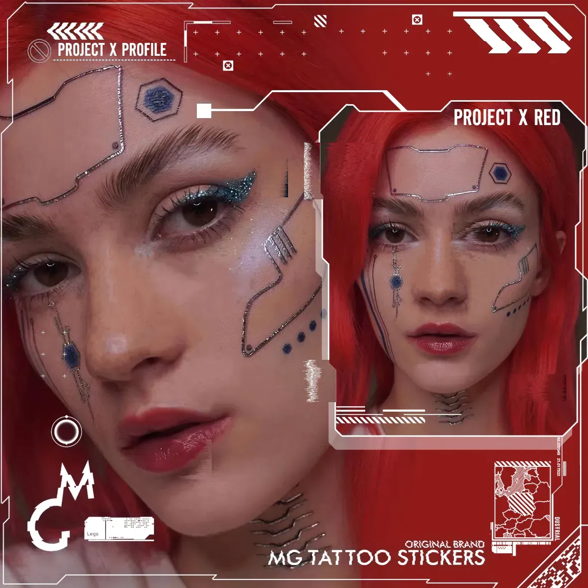 XASECASE: MG Tattoo's Futuristic Cyberpunk Mech-Inspired Metallic Silver Face Stickers - Edgy Techwear Temporary Face Art for Bold Styles