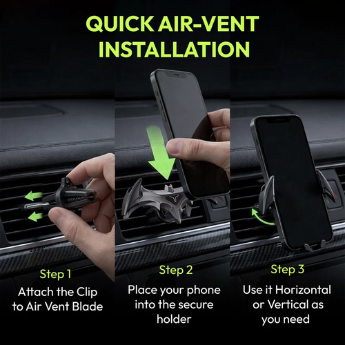 Questsole Batwing Car Phone Holder – 360° Vent Mount (Gloss Black)