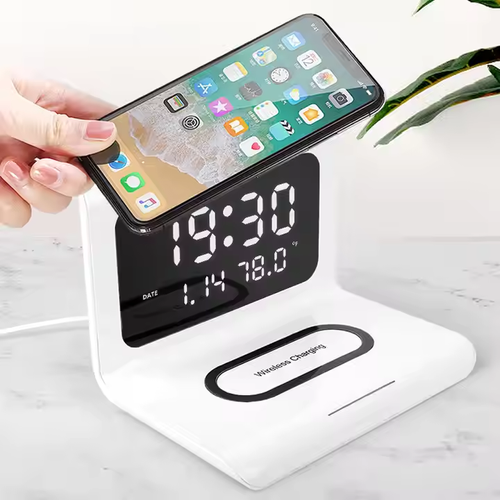 Stylish Digital Alarm Clock Date Temperature 15W Fast Mobile Wireless Charger