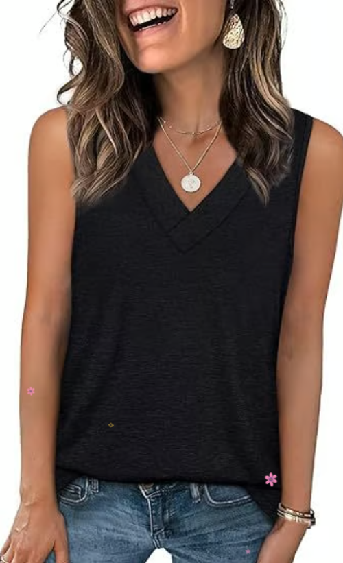 2025 Women's V-neck Casual Loose Summer New Solid Color Vest Sleeveless Shirt, Black