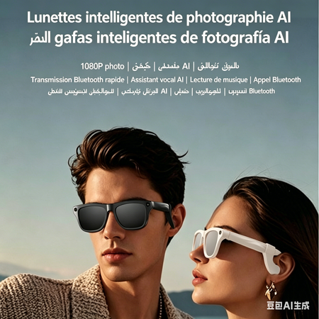 نظارات ذكية تعمل بالذكاء الاصطناعي بدقة 2 ميجابكسل، مزودة بتقنية بلوتوث، ووظيفة التقاط الصور، ووظيفة الترجمة التلقائية.