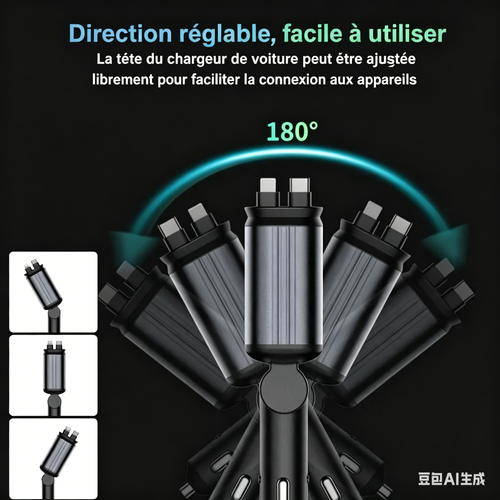 Chargeur de voiture 4 en 1 avec câble rétractable, deux ports de charge, éclairage LED étoilé sur le dessus et fonction d'aromathérapie.