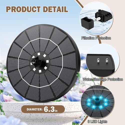 Solar Fountain with LED Light 8 Nozzles DIY Water Pump Kit Built-in 1600mAh Battery for Garden Bird Bath Pond Pool