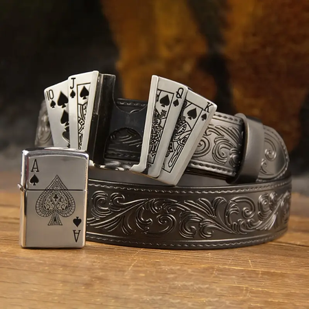 🇲🇦🔥 Ceinture western haut de gamme pour homme – en cuir véritable – avec cartes à jouer et briquet – Paiement à la livraison 🔥👔🎴🔥🛒